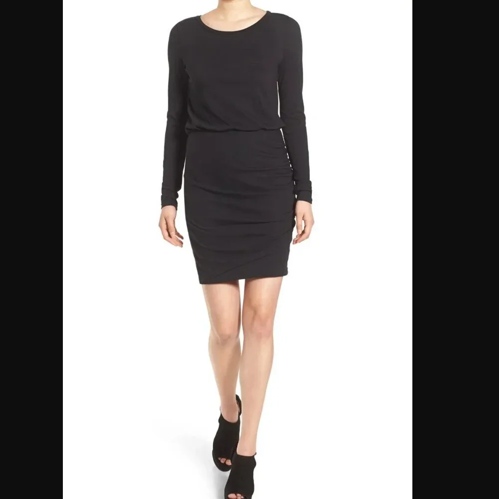 Leith Blouson Bodycon Ruched Dress Size Small Black Long Sleeve Mini LBD Cute - Picture 9 of 9